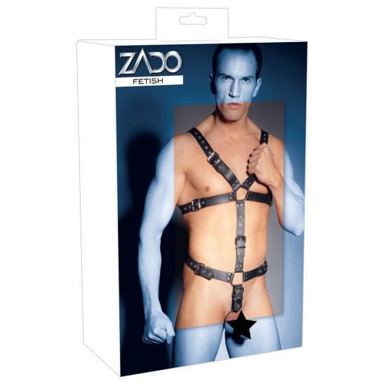 Mens Leather Adjustable Harness With Cock Ring