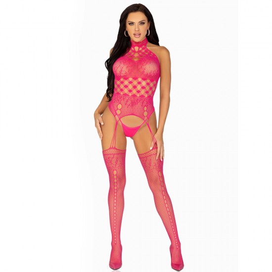 Leg Avenue High Neck Halter Net And Lace Suspender UK 6 to 12
