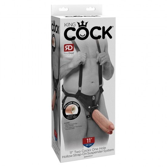 King Cock 11 Inch Flesh Two Cocks One Hole Hollow StrapOn